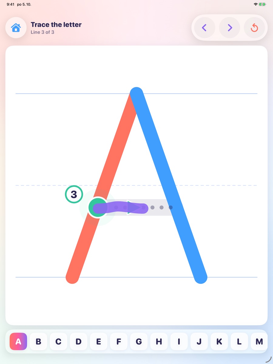 Tracing the letter A: two strokes are done, the third starts at a green dot with an arrow showing the way